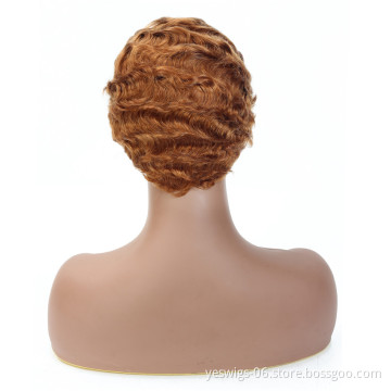 Pixie Cut Short Human Hair Wig Finger Wave For Black Women, Yeswigs Brazilian Virgin Cuticle Aligned Hair Wavy Wig Color 30#
